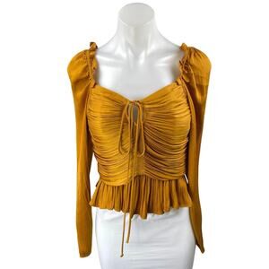 House Of Harlow 1960 Gold Satin Ruched Long Sleeve Peplum Crop Blouse Top Sz XS